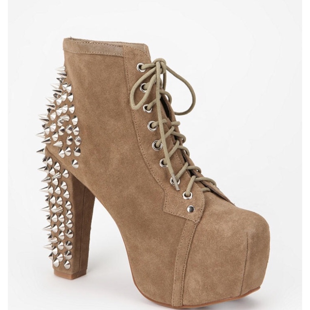 Jeffrey Campbell Tan Suede Lace-Up Platform Boot with Silver Spikes